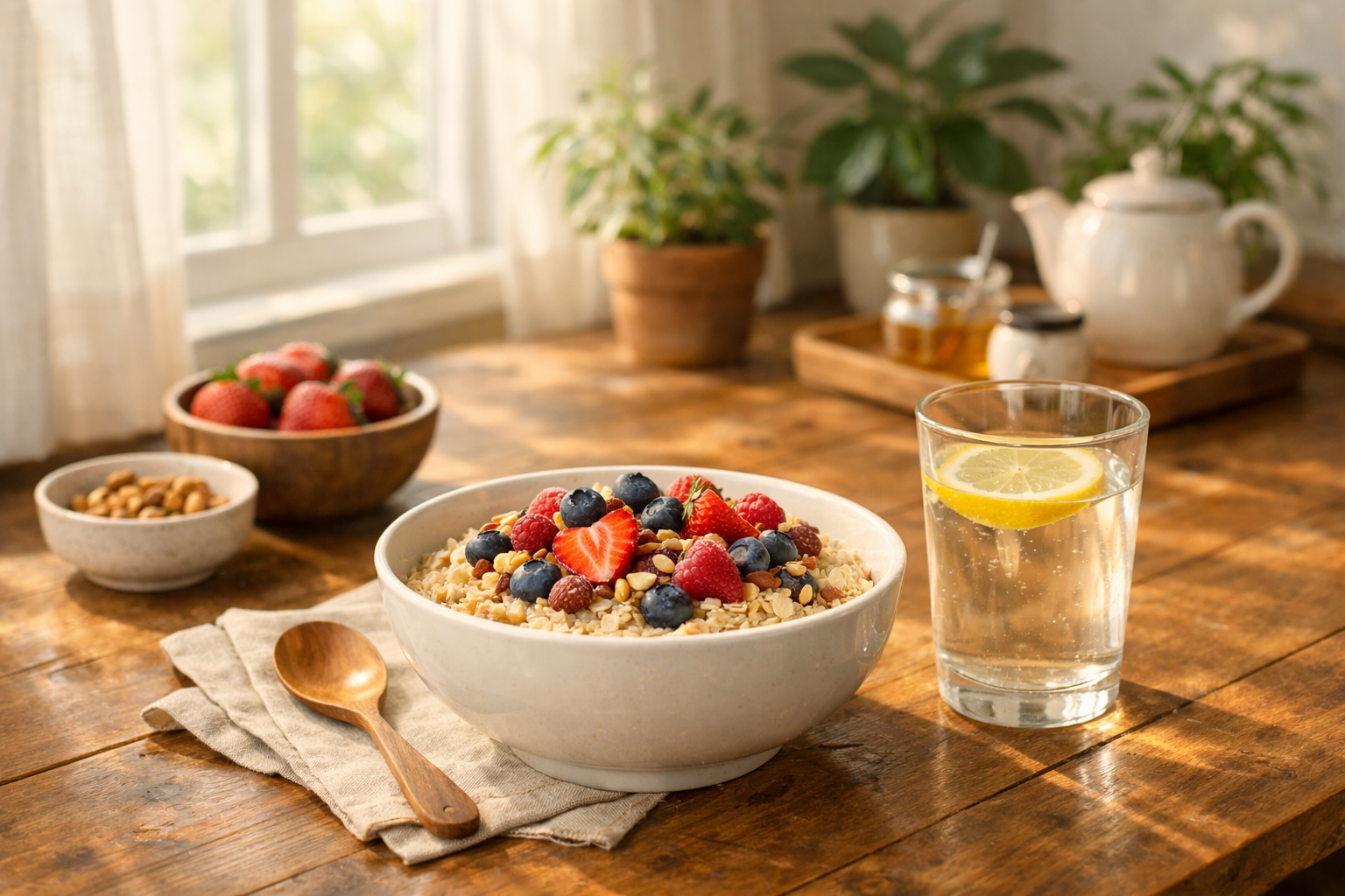A peaceful morning kitchen scene with a wooden table, a bowl of oatmeal topped with fresh berries and nuts, a glass of water with lemon slice, soft natural light coming through a window, plants in the background, warm and inviting atmosphere