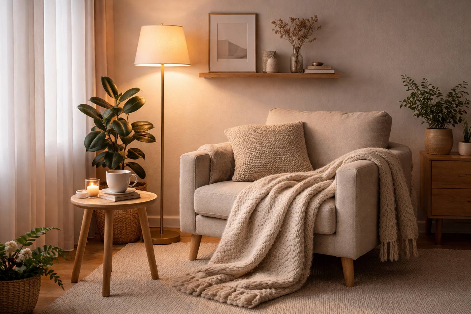 A cozy reading corner with a comfortable armchair, soft blanket, small side table with a ceramic mug of tea, a potted plant, warm lamp light, minimalist scandinavian style, peaceful and serene atmosphere